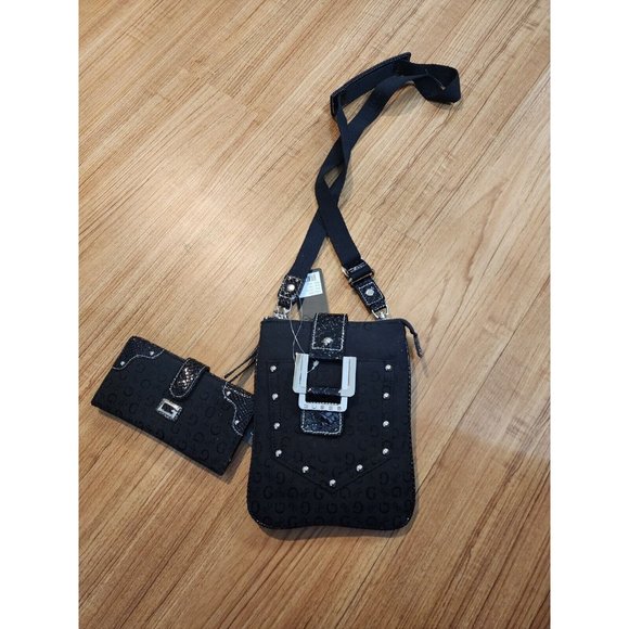 Guess Handbags - Guess Crossbody Bag Canvas Pocket Studded Buckle Black Purse With Wallet